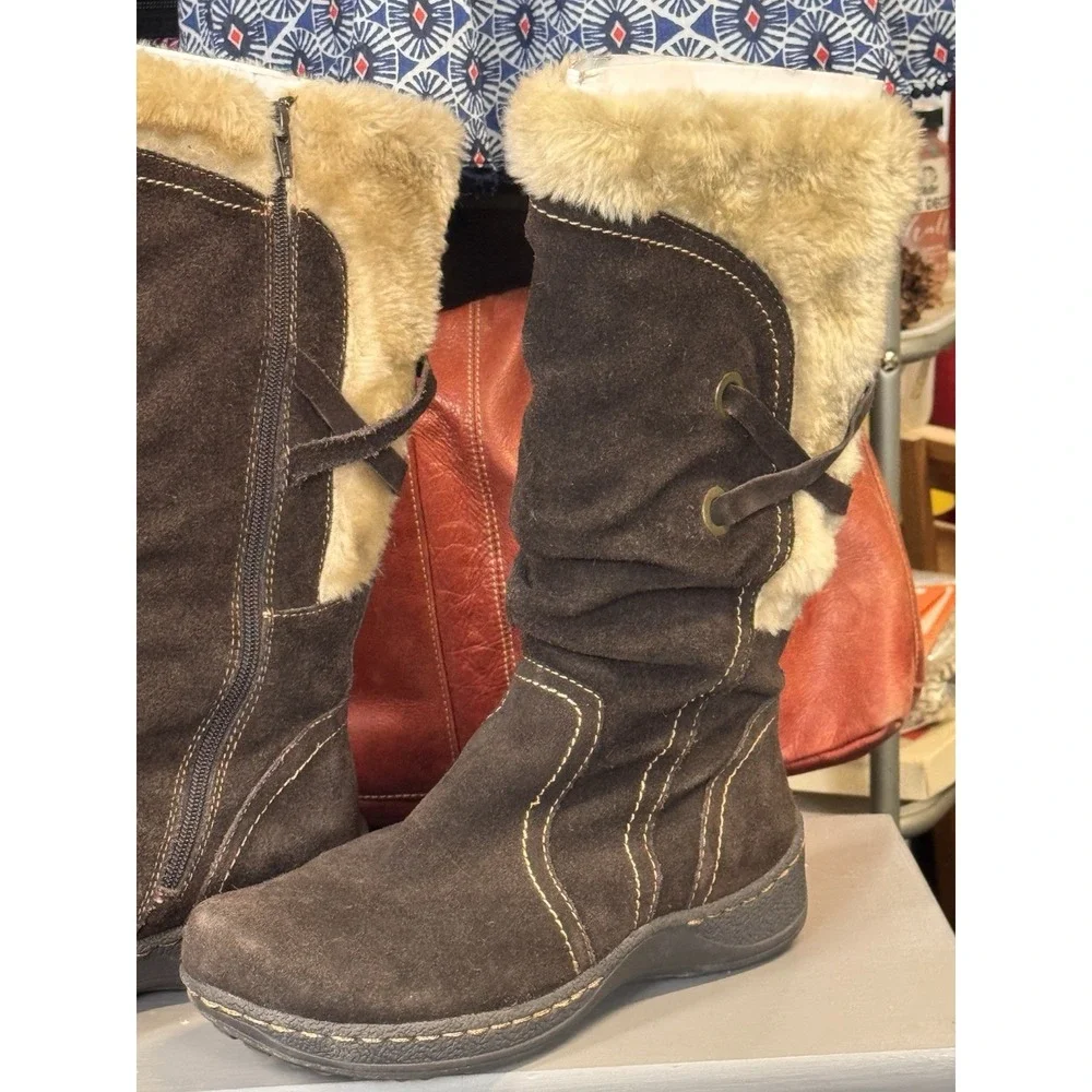 St John's Bay Brown Leather Suede & Faux Fur Boots Buckles Full Zip Size 8.5